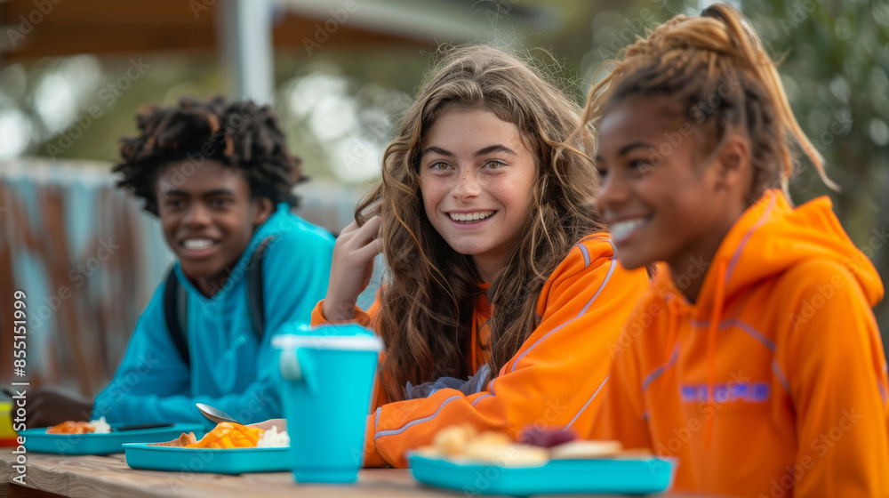 Teenager School girls eating healthy food at table in cafeteria. Pupils have vegetarian breakfast in canteen. Back to school concept. Generative ai. Teenager School girls eating healthy food at table in cafeteria. Pupils have vegetarian breakfast in canteen. Back to school concept. Generative ai.