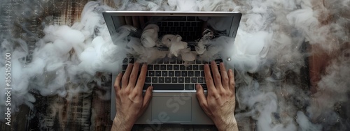 Overheated laptop with smoke emanating while a person types on the keyboard, emphasizing tech malfunction