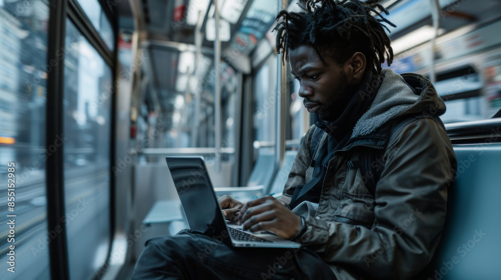 Multiracial african man uses his laptop and smartphone on city train. Generative ai Multiracial african man uses his laptop and smartphone on city train. Generative ai