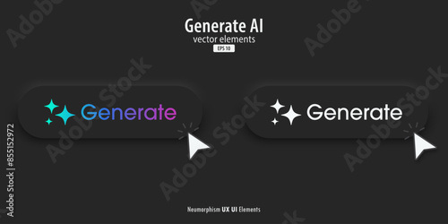 Set of Generative AI black button. Artificial intelligence and Machine learning technology concept. AI enters by command prompt to generate ideas. Chat with AI. UI UX design, Vector illustration.