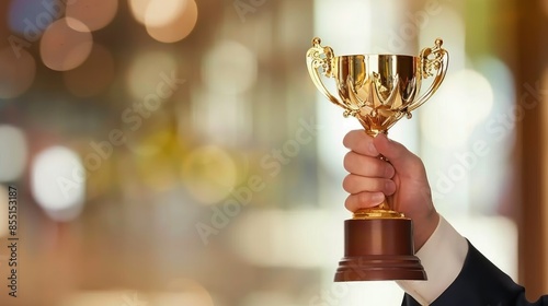 a hand holding up a golden trophy of victory, set against a blurred background, with ample copy space to convey winning and success concepts.