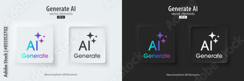 Set of Generative AI in black and white neumorphism style. Active and inactive buttons. Machine learning concept. AI enters by command prompt to generate ideas. UI UX design, Vector illustration.