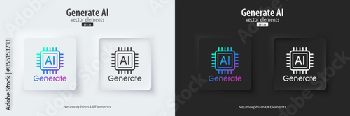 Set of Generative AI in black and white neumorphism style. Active and inactive buttons. Machine learning concept. AI enters by command prompt to generate ideas. UI UX design, Vector illustration.