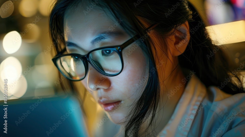 An Asian Woman Is Deeply Engrossed In Her Work On A Laptop At The Office, Her Dedication Evident In The Furrow Of Her Brows And The Intensity Of Her Focus An Asian Woman Is Deeply Engrossed In Her Work On A Laptop At The Office, Her Dedication Evident In The Furrow Of Her Brows And The Intensity Of Her Focus