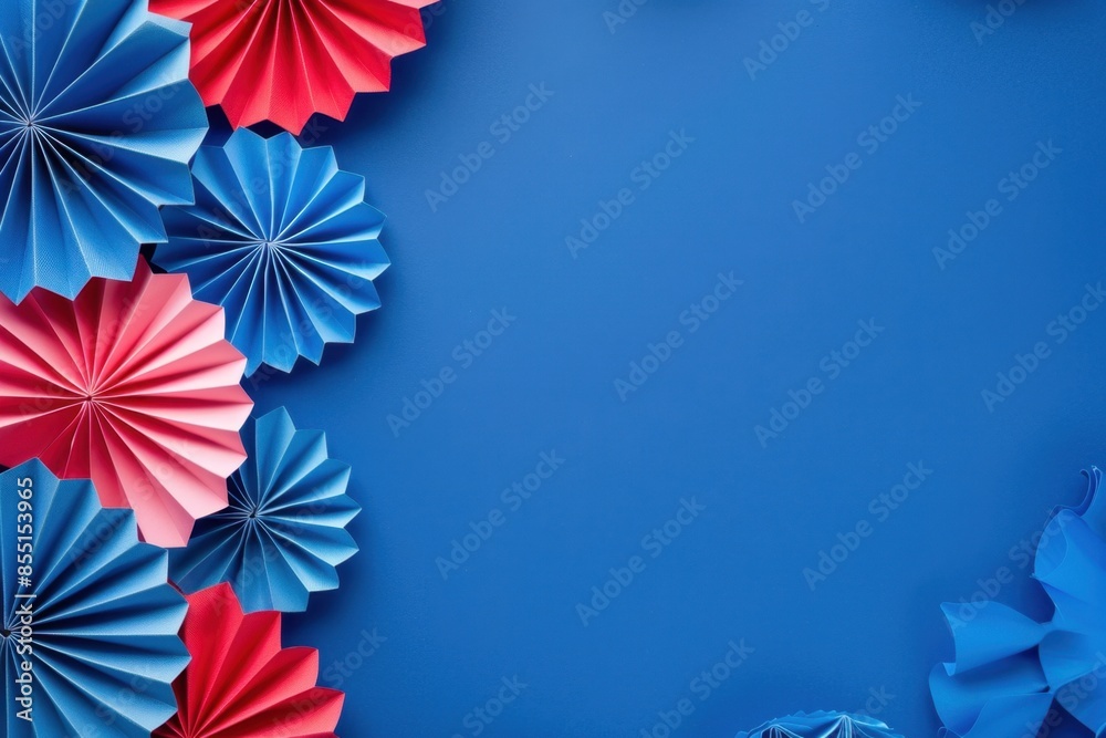 Obraz premium a blue background with red, white and blue paper fans for USA national holiday decoration Web banner with empty space Generative AI