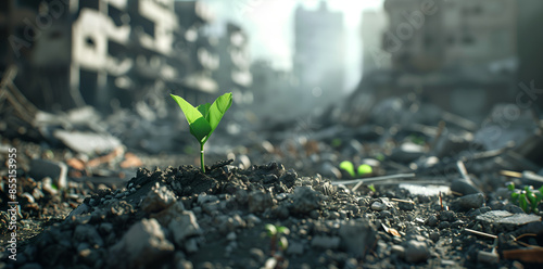 A small green sprout grows in the middle of destroyed building, among debris and rubble. The concept of hope after destruction or war. photo