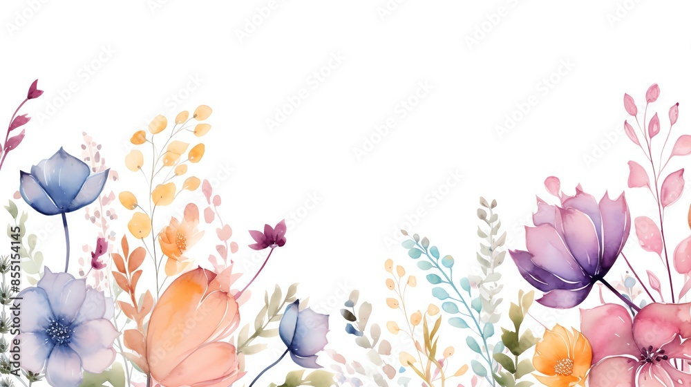 Watercolor floral border with colorful flowers and leaves on white ...