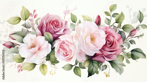 Watercolor painting of pink and white roses with green leaves.