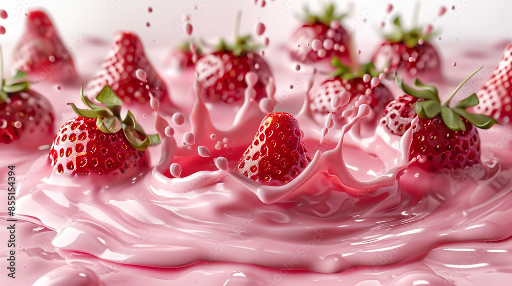 Pink milk shake splash with strawberries Pink milk shake splash with strawberries