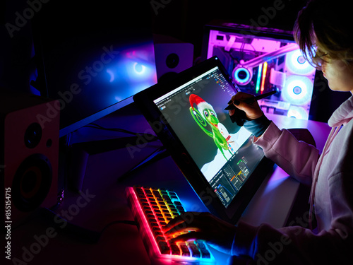 Female 3D designer is working on a project on a graphic tablet with a screen. Digital designer creates a model for a video game or cartoon photo