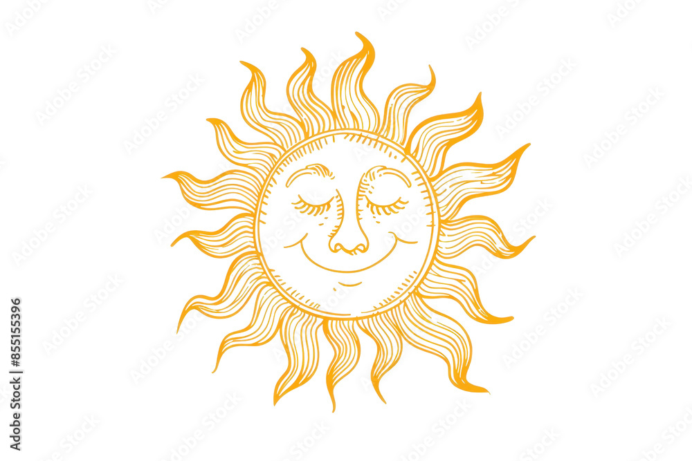 Sun illustration with a smiling face and intricate sunrays. Hand-drawn design perfect for summer, celestial themes, or decorative purposes. Sun illustration with a smiling face and intricate sunrays. Hand-drawn design perfect for summer, celestial themes, or decorative purposes.