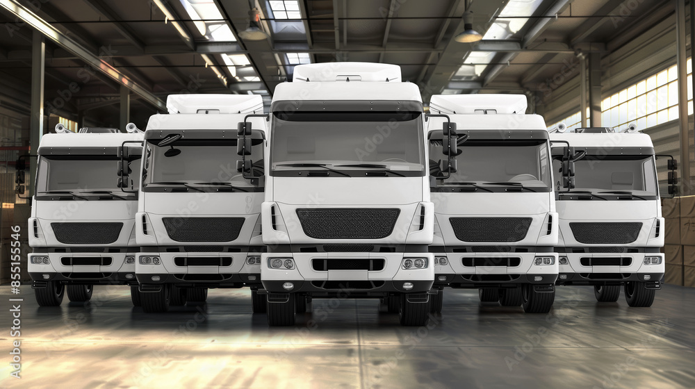 Truck fleet of five white cars, logistics and transportation concept