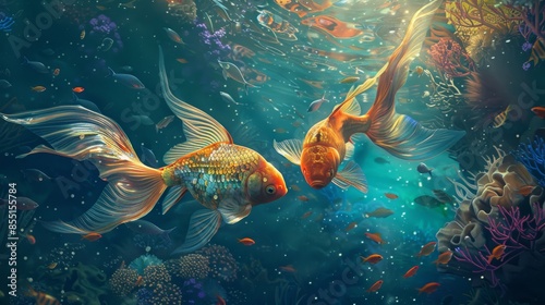 Underwater scene with two shiny goldfish