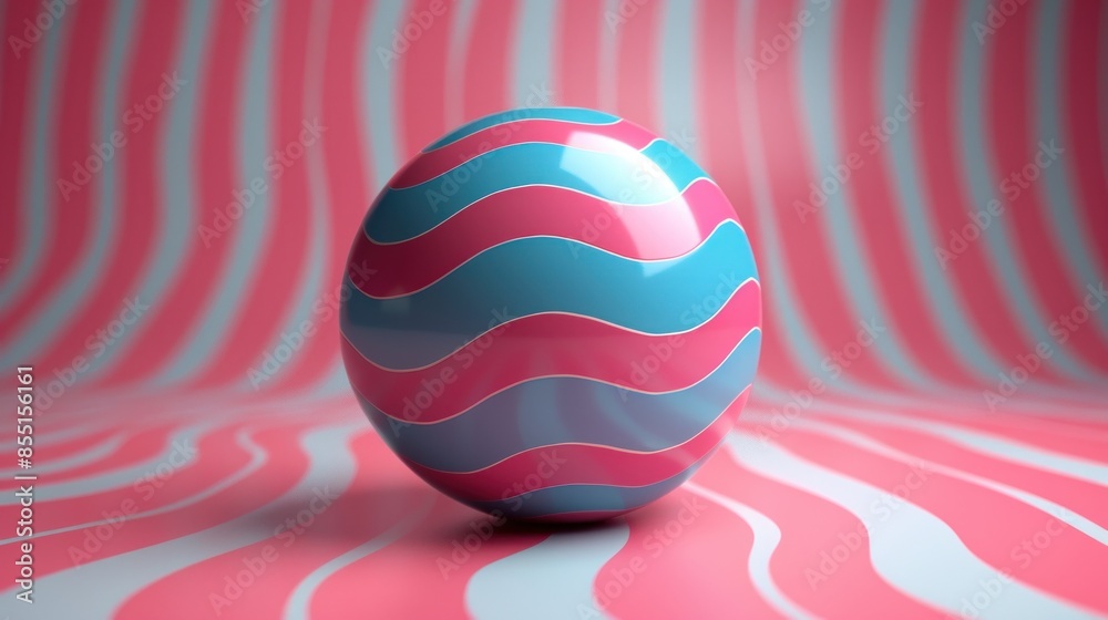 Blue and Pink Striped Sphere on Wavy Background Blue and Pink Striped Sphere on Wavy Background