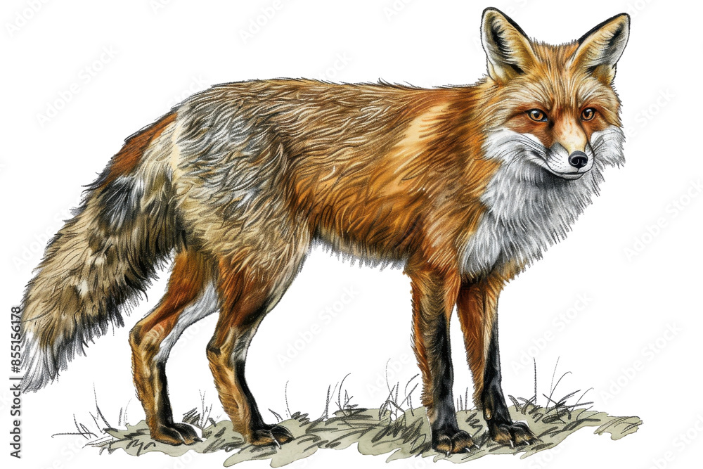 Fototapeta premium Detailed illustration of a majestic red fox standing on a grassy terrain with a sharp gaze, showing its beautiful fur and elegant stance.