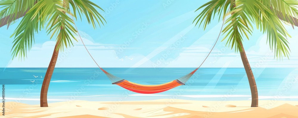 Obraz premium Beach background with a hammock tied between two palm trees.