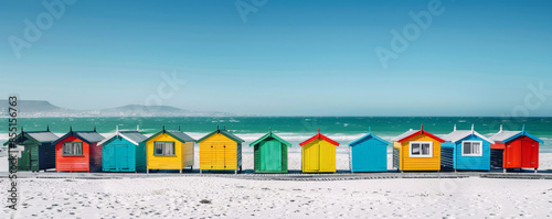 Beach background with bright, colorful beach huts lined up along the shore.