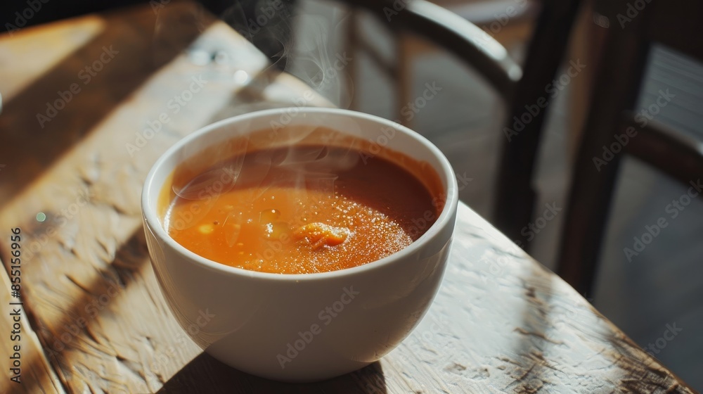 A steaming bowl of tomato soup sits on a table, photographed from above A steaming bowl of tomato soup sits on a table, photographed from above