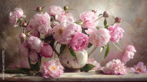 Fototapeta Naklejka Na Ścianę i Meble -  Pink peonies displayed in an old pitcher