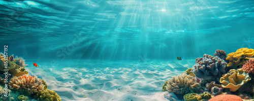 Beach background with vibrant coral and marine life visible just below the surface. photo