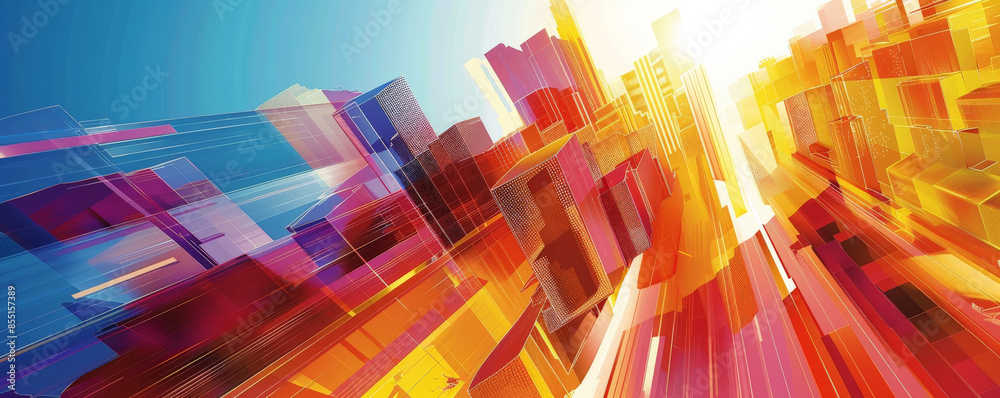Bright background with a dynamic, abstract cityscape in vibrant colors. Bright background with a dynamic, abstract cityscape in vibrant colors.
