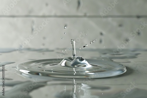 Photorealistic Water Droplet A Close-Up Splash on Smooth Light Gray Stone Surface