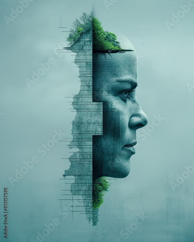 Abstract Neo-Surrealist Art Ethereal Woman's Face Merged with Nature Elements, Featuring Bold Orange Sun and Delicate Grass Strokes , Japanese art for a Contemporary Artistic Statement Wallpaper