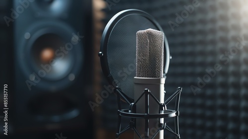 Close-up of a professional microphone in a recording studio with soundproofing and speakers in the background, perfect for music production.