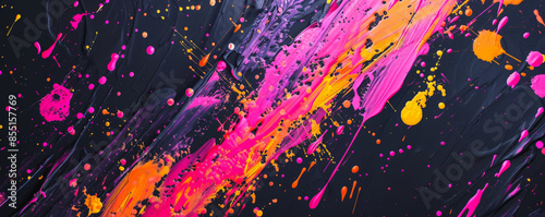 Bright background with bold, fluorescent paint splatters on black.