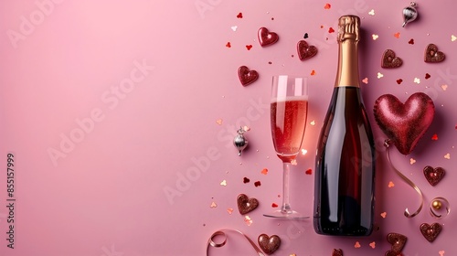 Valentine's Day dinner concept with a top view of a bottle of wine, two wine glasses, and a pair of heart-shaped decorations on a soft pink background, capturing the essence of romance and love 