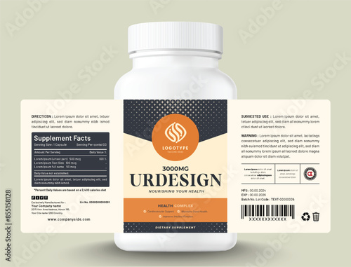 Food supplement vitamin medicine label sticker design dietary drug capsule and tablet modern bottle jar box packaging.