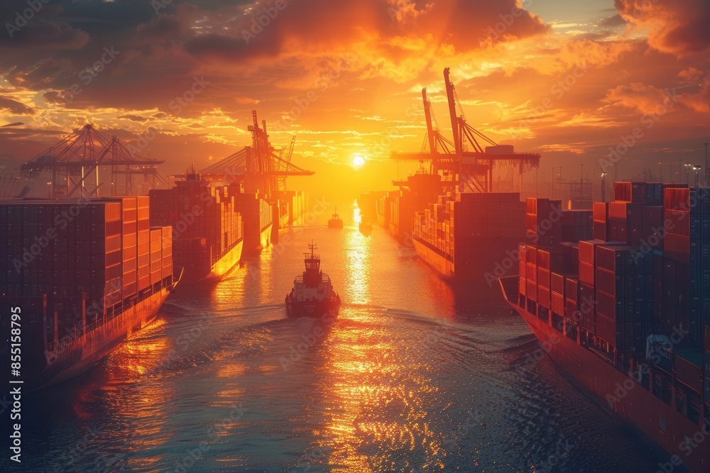 Sunset at busy harbor, container ship with stacked cargo, quay crane in ...