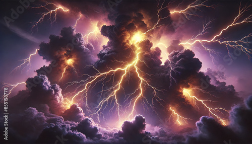 Thunderstorm. A vivid purple sky during a thunderstorm filled with dramatic branching lightning. The scene is intensely colored with deep purple and pink hues. Wallpaper. Cover. Design.