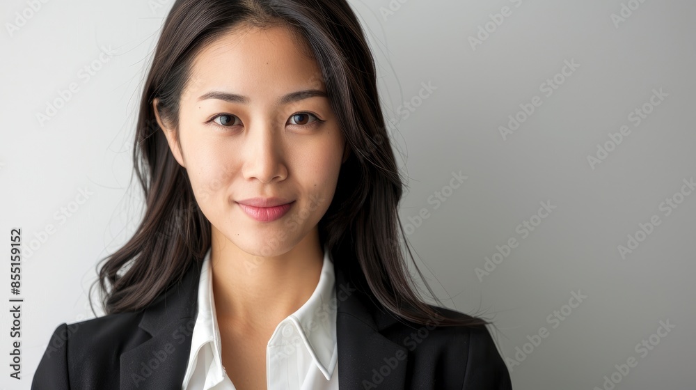 A Young, Beautiful Asian Businesswoman Against A White Background, Exuding Professionalism A Young, Beautiful Asian Businesswoman Against A White Background, Exuding Professionalism