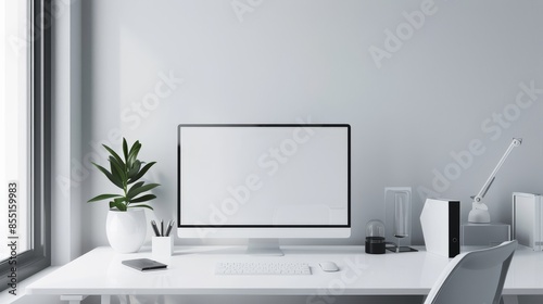 A sleek and modern office space design featuring a pristine white canvas backdrop, Minimalist workspace essentials meticulously arranged, Contemporary minimalist style © Hypat