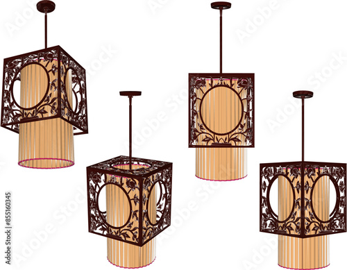 Vector silhouette illustration sketch of Chinese and Japanese traditional vintage ethnic decorative chandelier design