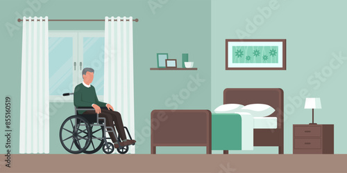 Senior man in a wheelchair and bedroom interior