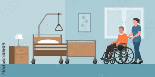 Senior man in a wheelchair and caregiver