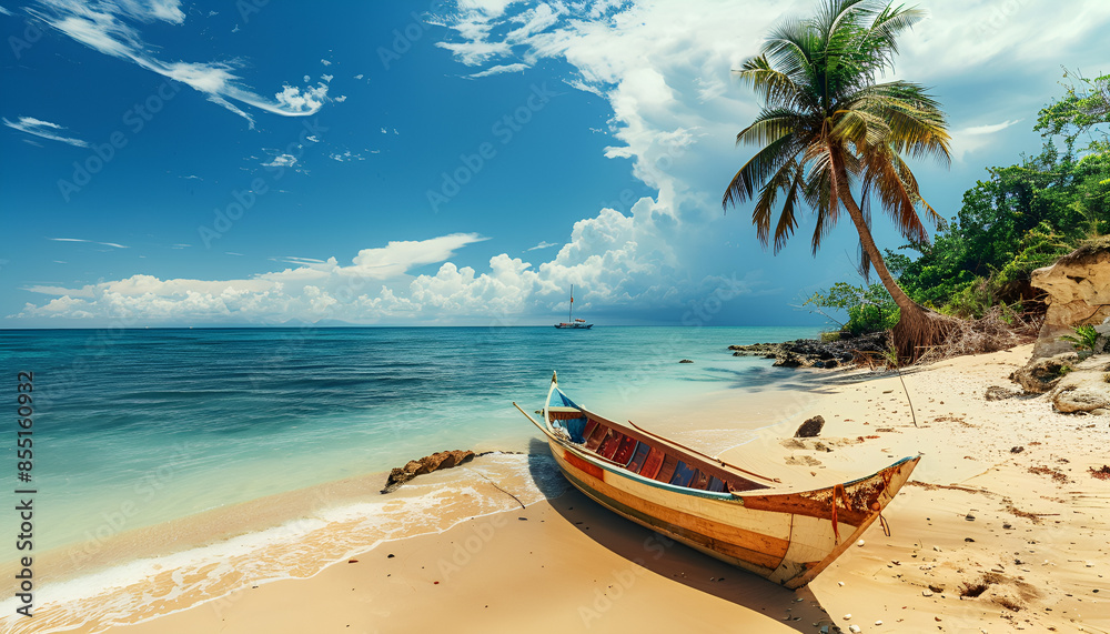 Canoe on the tropical sandy beach. Beautiful summer landscape of tropical island with boat in ocean Canoe on the tropical sandy beach. Beautiful summer landscape of tropical island with boat in ocean