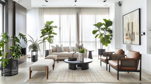 A sleek and modern urban oasis-inspired living room design with a white canvas backdrop, Enhanced with indoor plants and natural textures, Urban oasis chic style © Hypat