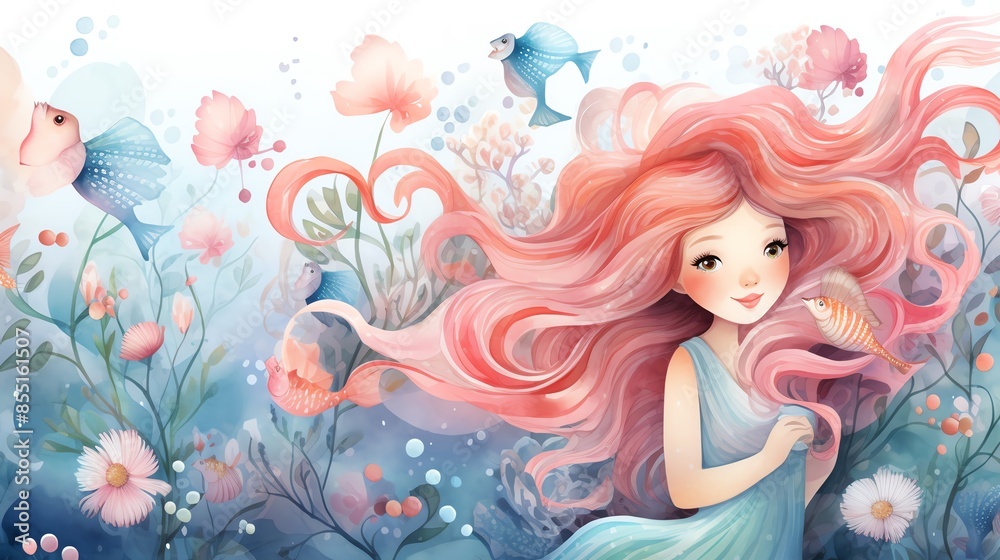 Watercolor illustration of a woman with flowing blue hair surrounded by flowers. Watercolor illustration of a woman with flowing blue hair surrounded by flowers.