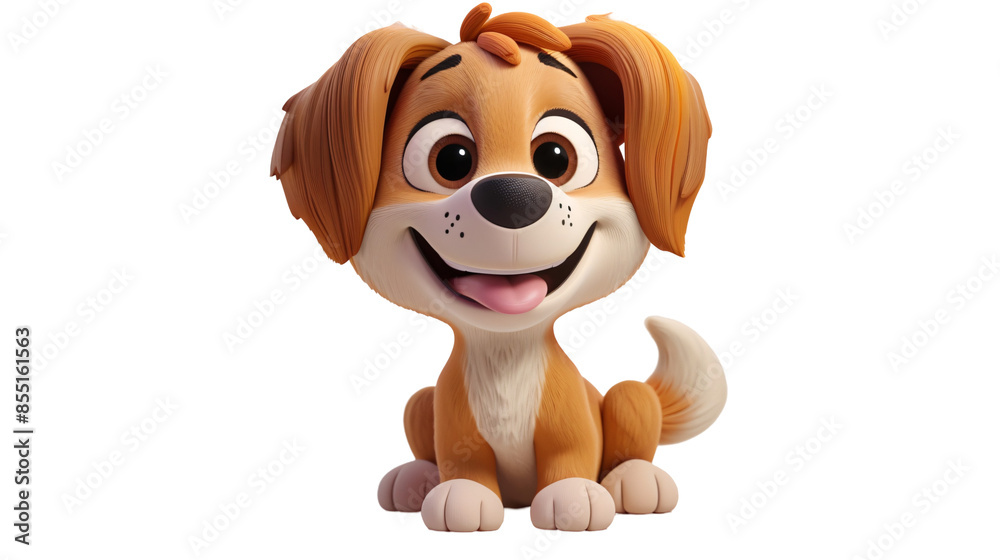 Obraz premium Adorable Chibi-Style 3D Cartoon Puppy with Large Head and Small Body Smiling Happily on White Background