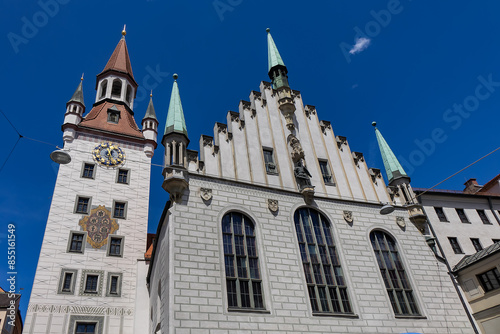 Late-gothic style Old Town Hall (Altes Rathaus, 1470 - 1480) building (now Toy Museum - Spielzeugmuseum) at Marienplatz square in Munich. MUNICH, GERMANY.