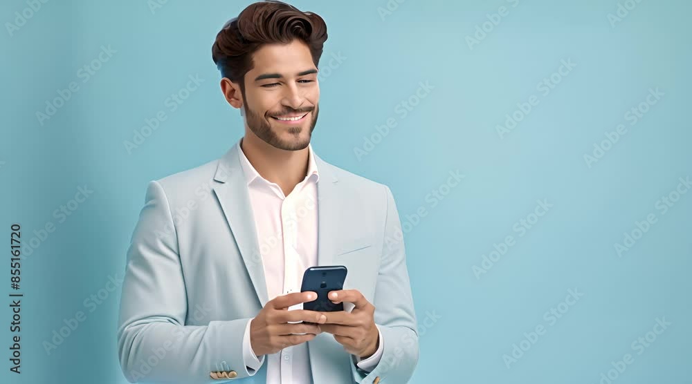 Young man with smart casual cloth use smartphone isolated on blue background Young man with smart casual cloth use smartphone isolated on blue background