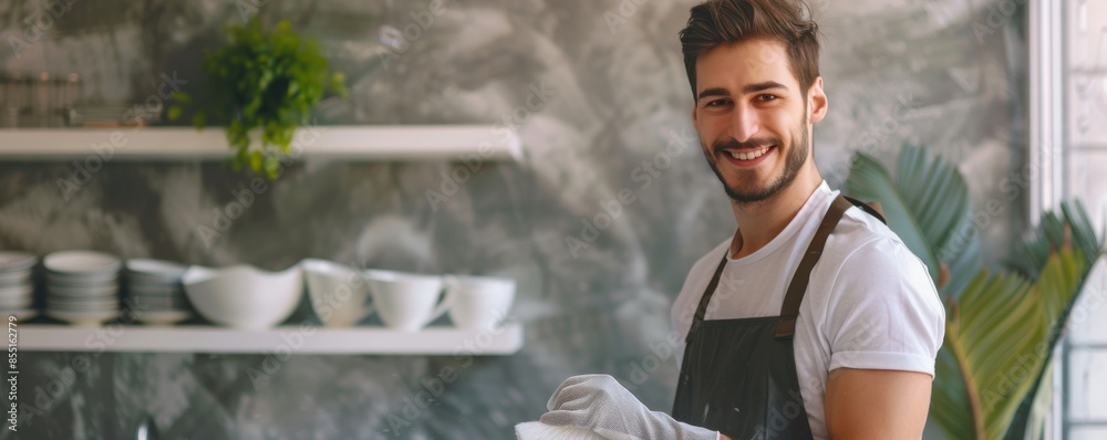 Cleaner men wearing gloves holding mop, cleaning service concept banner. Generative AI. Cleaner men wearing gloves holding mop, cleaning service concept banner. Generative AI.