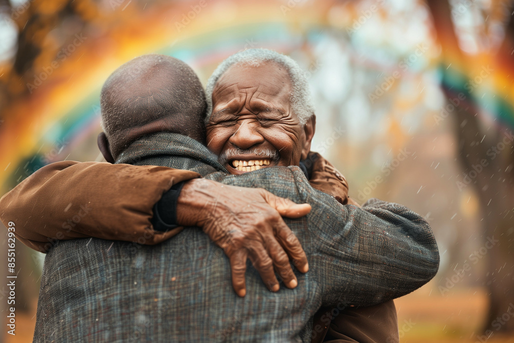 Fototapeta premium Two Elderly African Men Warmly Embracing Each Other with Joyful Smiles in Autumn Park