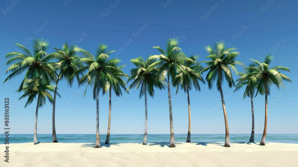 Tropical palm trees on sandy shoreline Tropical palm trees on sandy shoreline