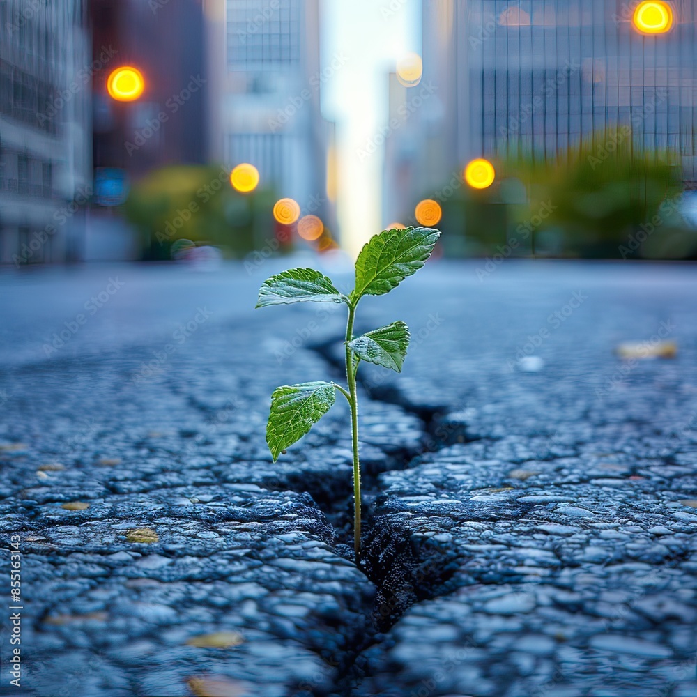 A small plant is pushing its way through a break in the ground A small plant is pushing its way through a break in the ground
