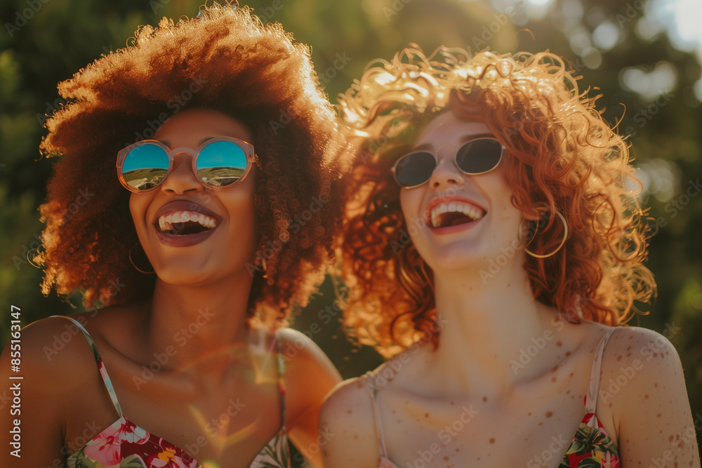 Obraz premium Two Young Women with Afro-Textured and Curly Red Hair Enjoying Sunlit Day in Summer Outfits