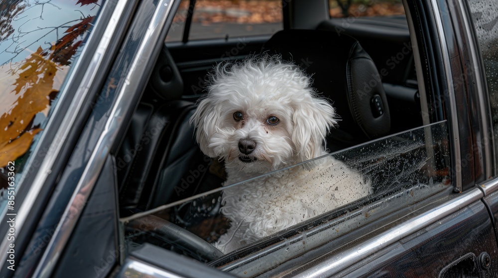 a small white dog sitting in the passenger seat of an SUV, with its head sticking outside the car door, gazing out the window, and the rear-view mirror visible on the side. a small white dog sitting in the passenger seat of an SUV, with its head sticking outside the car door, gazing out the window, and the rear-view mirror visible on the side.
